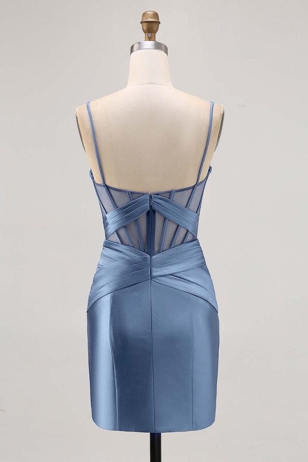 Royal Blue Sheer Corset Satin Tight Homecoming Dress with Slit - Image 18