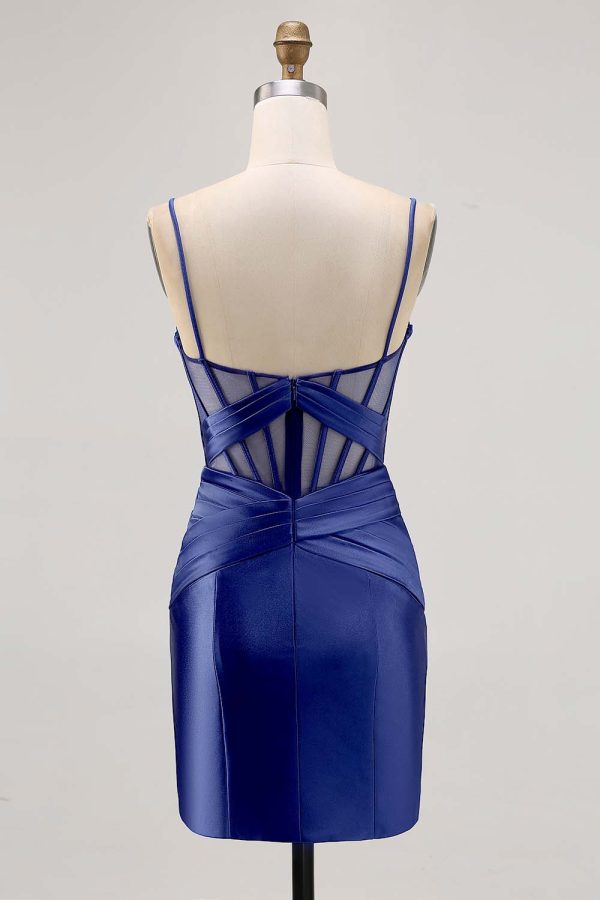 Royal Blue Sheer Corset Satin Tight Homecoming Dress with Slit - Image 22