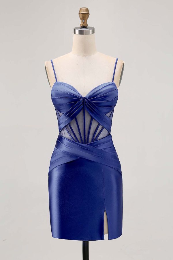 Royal Blue Sheer Corset Satin Tight Homecoming Dress with Slit - Image 21