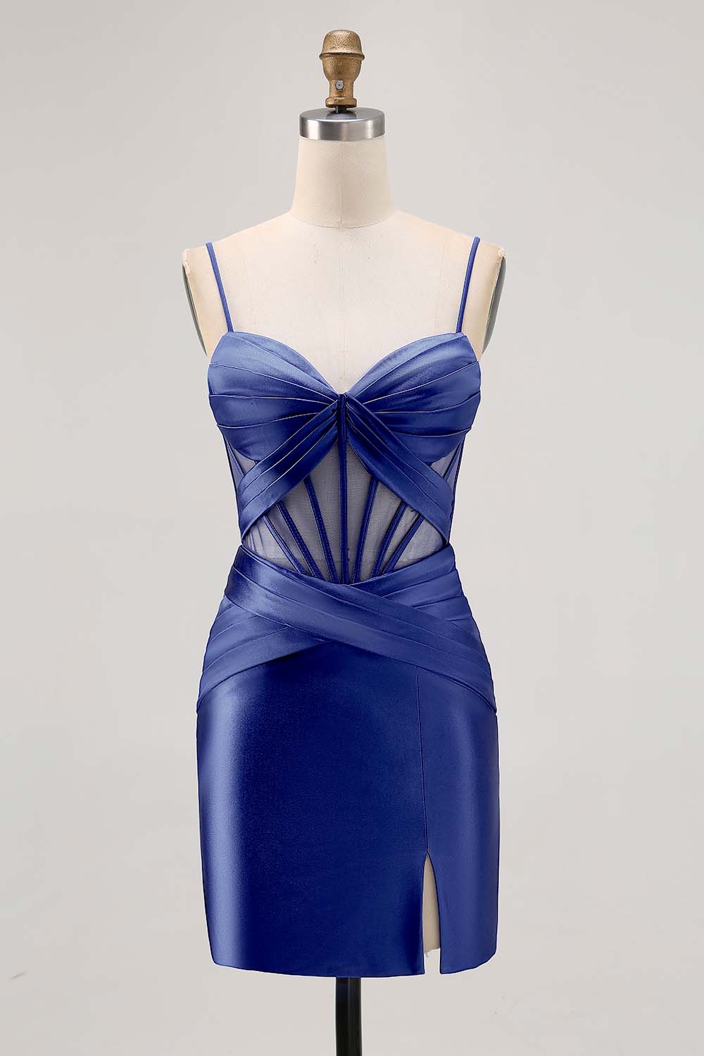 Royal Blue Sheer Corset Satin Tight Homecoming Dress with Slit - Image 21