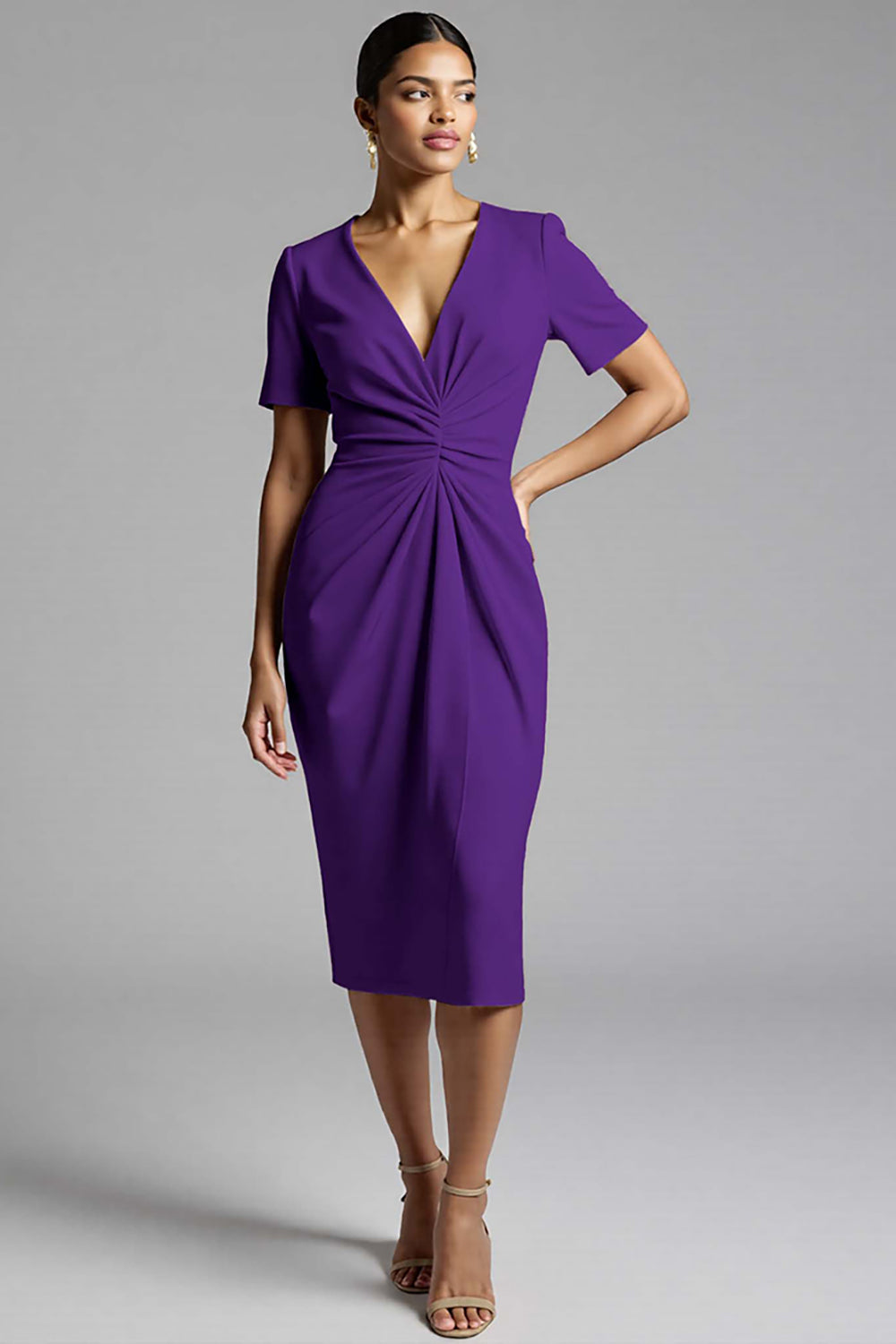 Ruched Champagne Bodycon Midi Dress - Image 15
