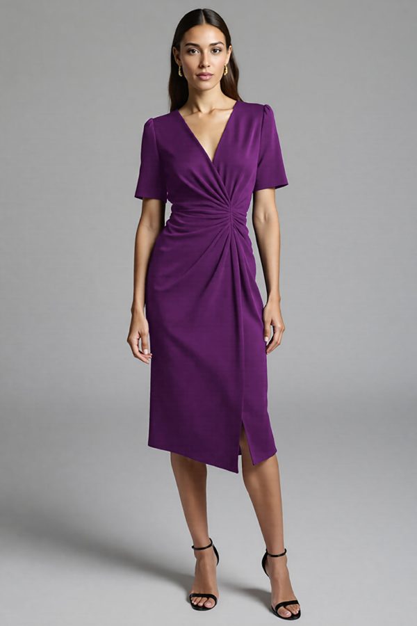 Ruched Navy Short Sleeve V-Neck Midi Dress - Image 13