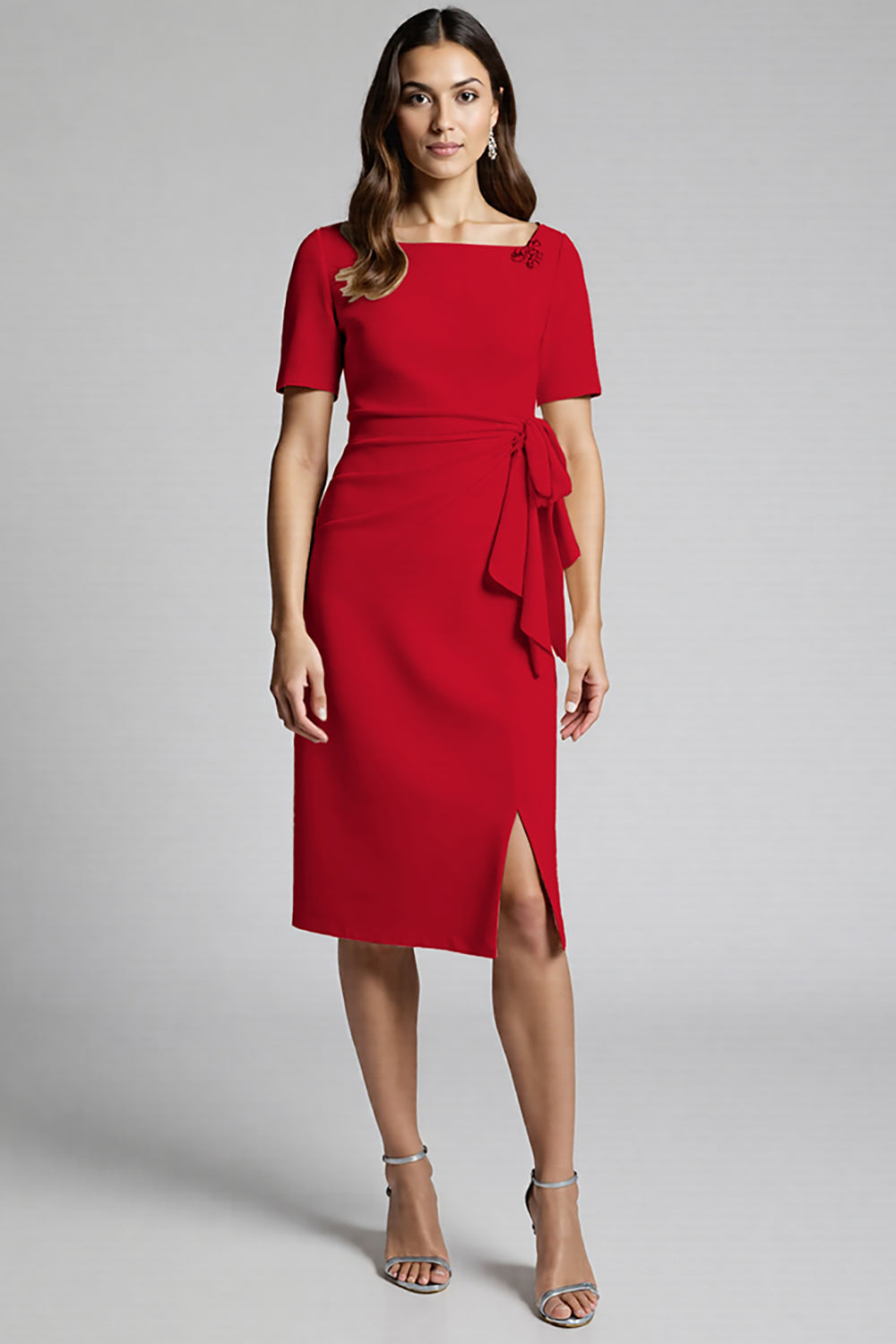 Ruffled Champagne Sheath Midi Dress with Slit - Image 15