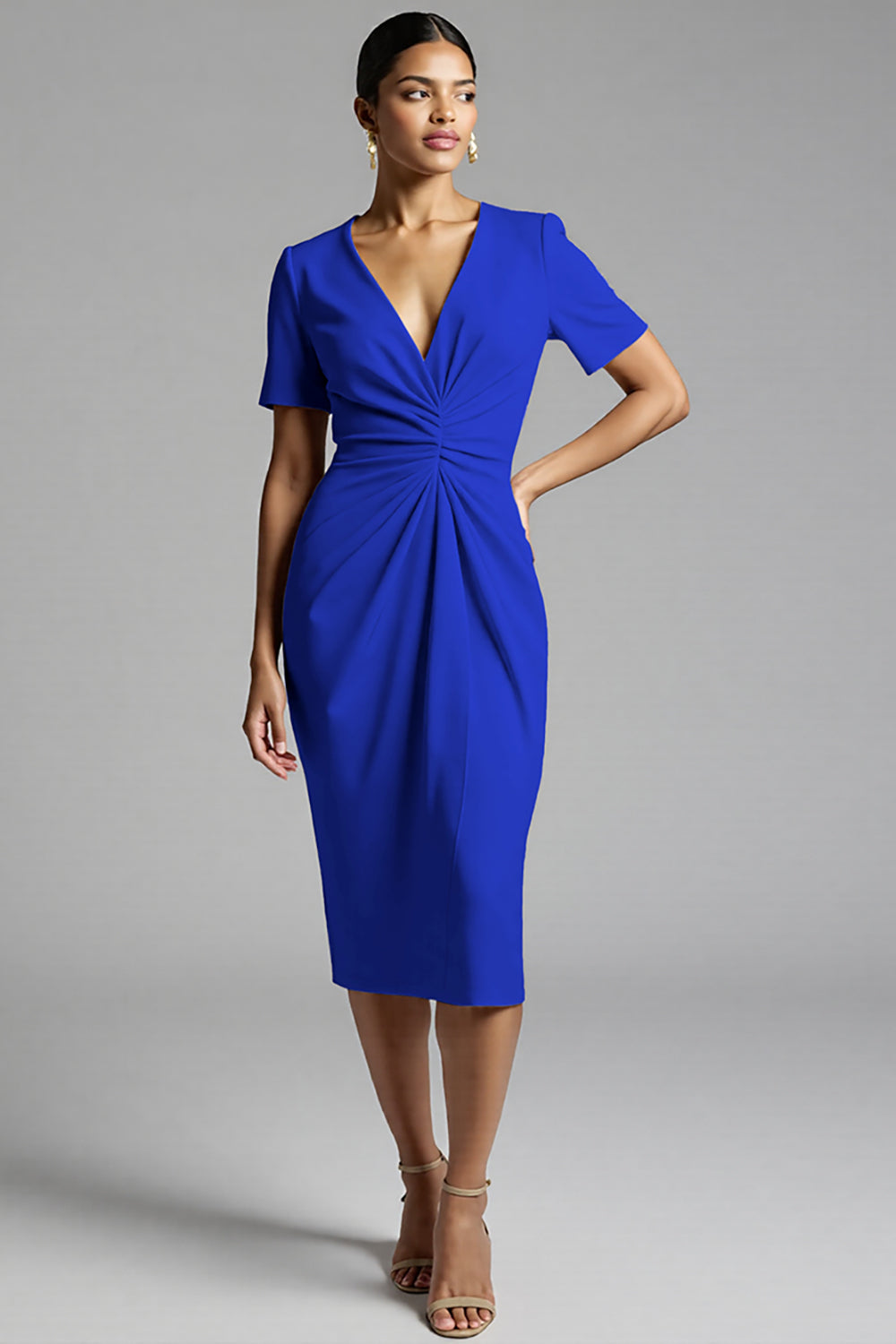 Ruched Champagne Bodycon Midi Dress - Image 17