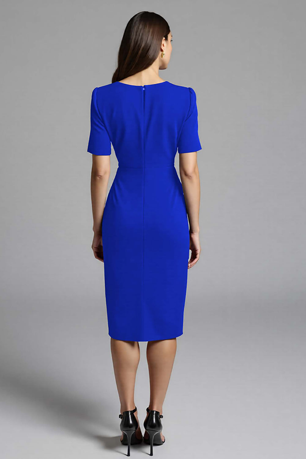 Ruched Navy Short Sleeve V-Neck Midi Dress - Image 16