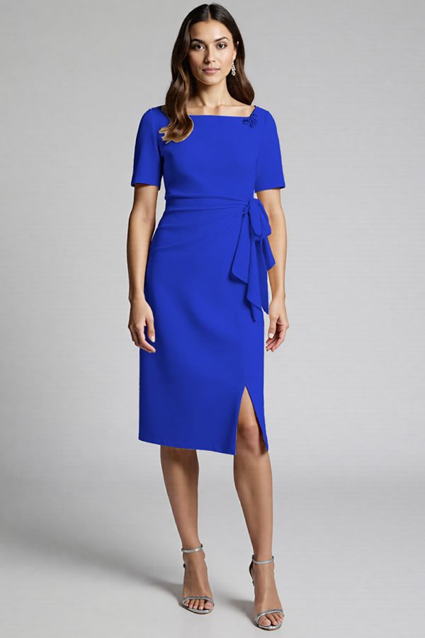 Ruffled Champagne Sheath Midi Dress with Slit - Image 17