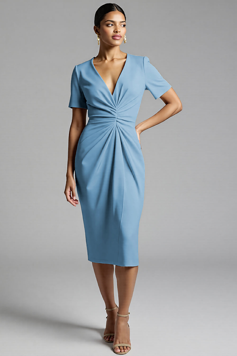 Ruched Champagne Bodycon Midi Dress - Image 19