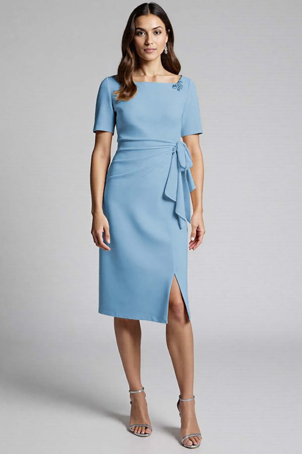 Ruffled Champagne Sheath Midi Dress with Slit - Image 19