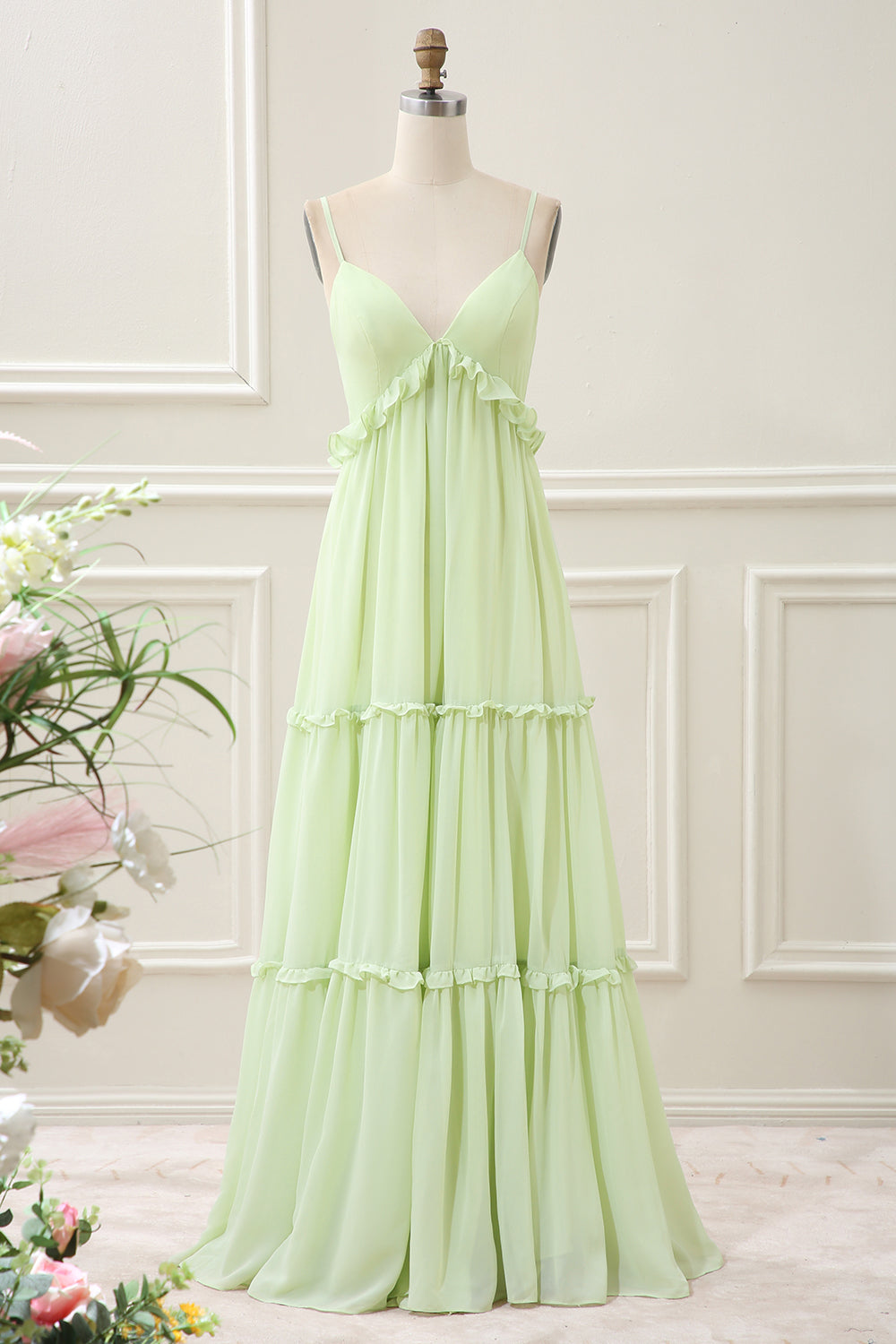 Green A Line Spaghetti Straps Ruffles Maxi Dress with Lace up Back - Image 1
