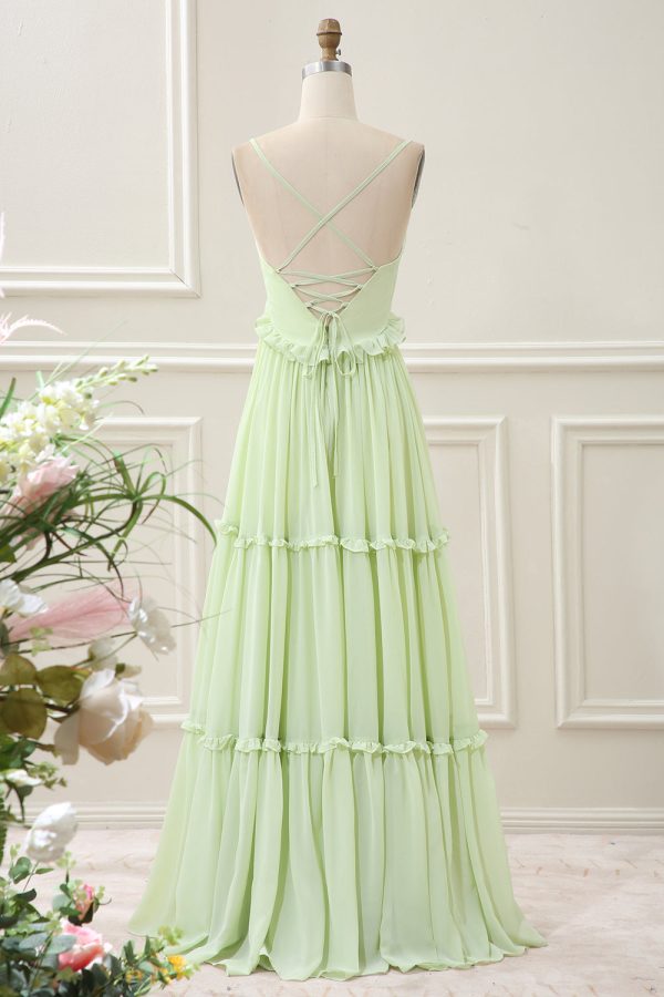 Green A Line Spaghetti Straps Ruffles Maxi Dress with Lace up Back - Image 2