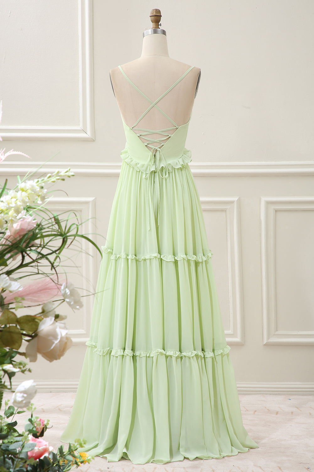 Green A Line Spaghetti Straps Ruffles Maxi Dress with Lace up Back - Image 2