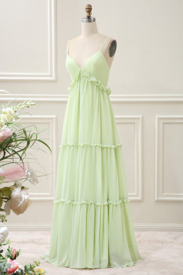 Green A Line Spaghetti Straps Ruffles Maxi Dress with Lace up Back - Image 3