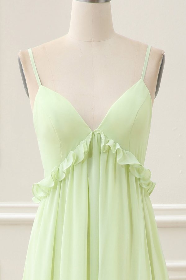 Green A Line Spaghetti Straps Ruffles Maxi Dress with Lace up Back - Image 4