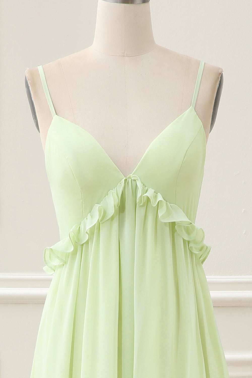 Green A Line Spaghetti Straps Ruffles Maxi Dress with Lace up Back - Image 4