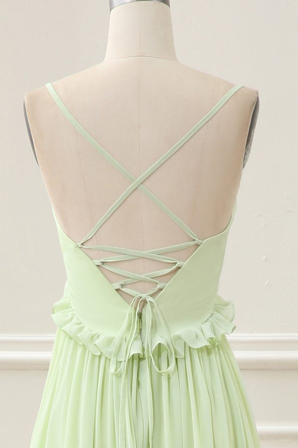 Green A Line Spaghetti Straps Ruffles Maxi Dress with Lace up Back - Image 5
