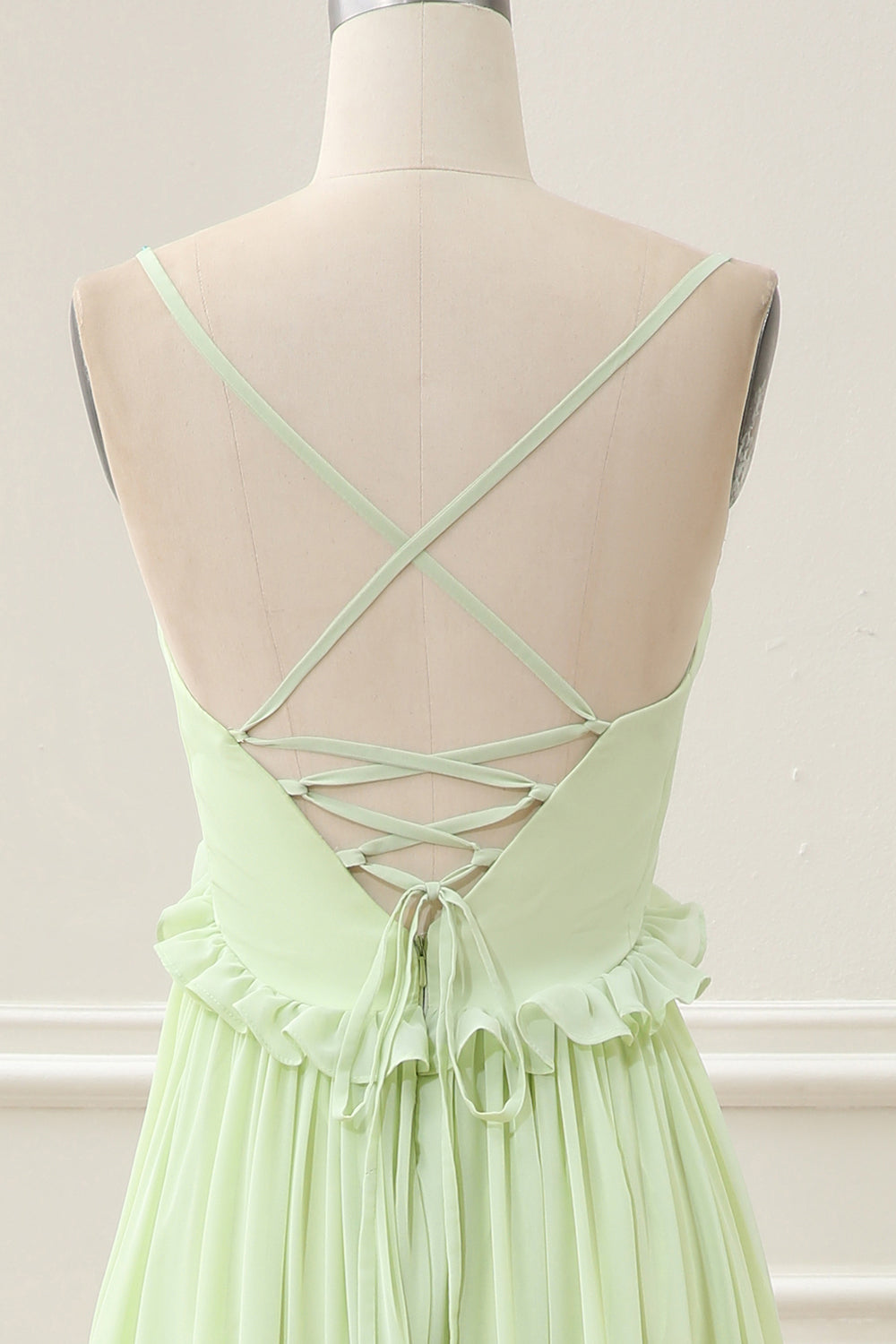 Green A Line Spaghetti Straps Ruffles Maxi Dress with Lace up Back - Image 5