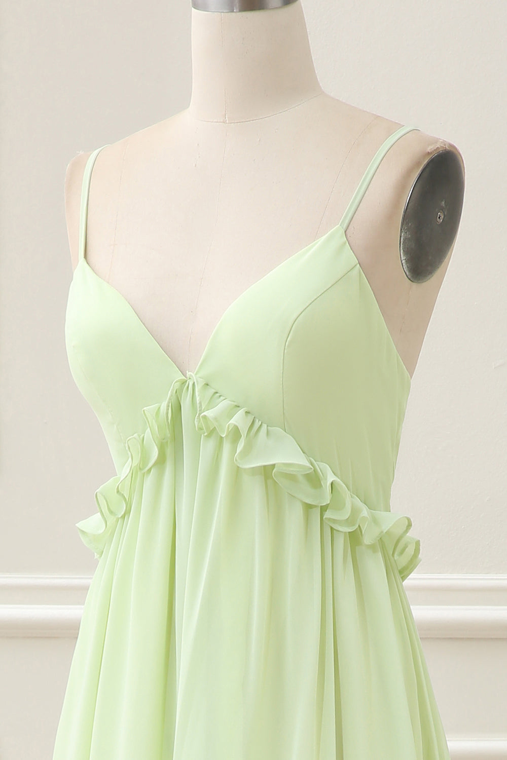 Green A Line Spaghetti Straps Ruffles Maxi Dress with Lace up Back - Image 6